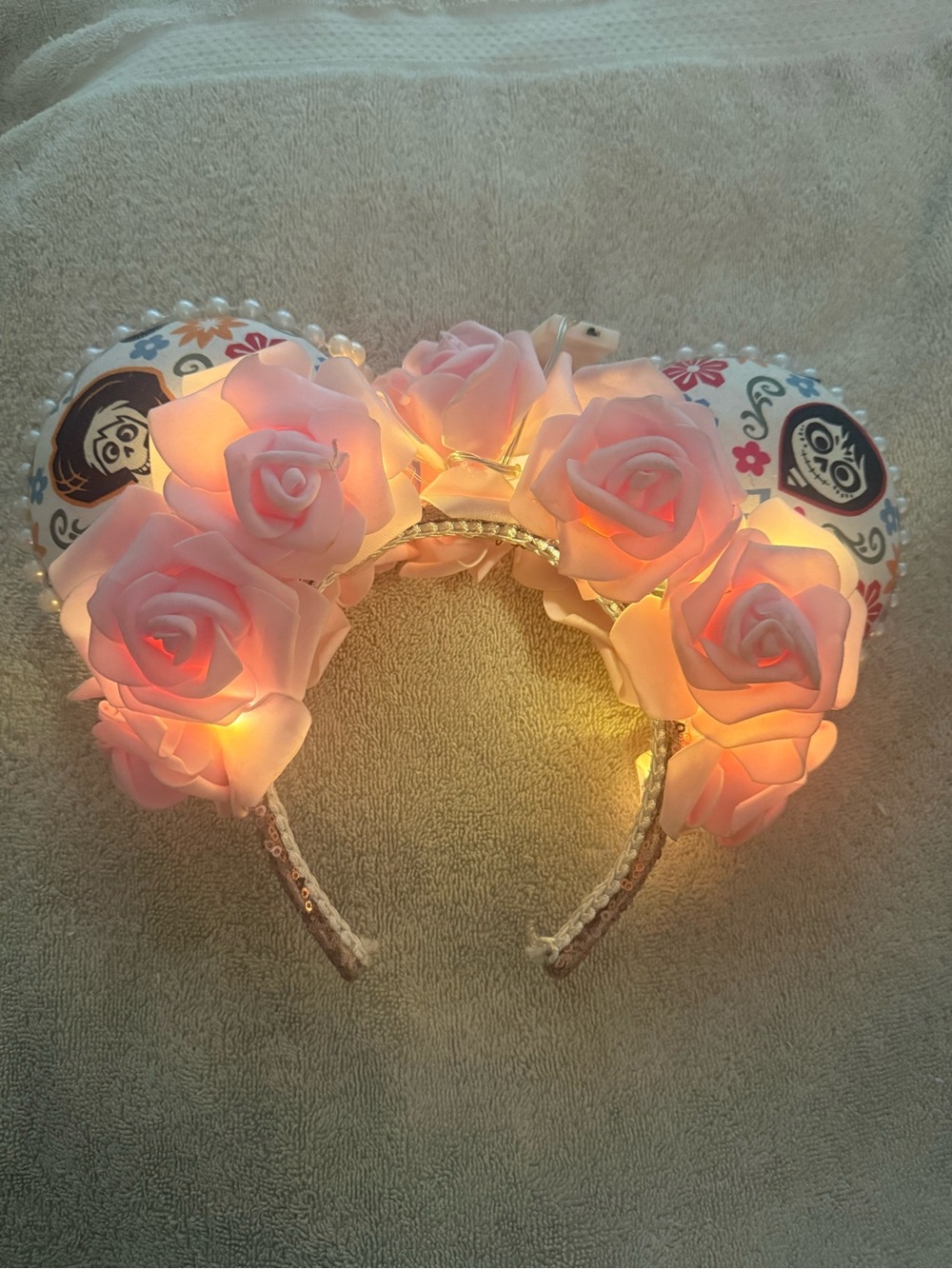 Light-Up Pink Rose Floral Ear Headband